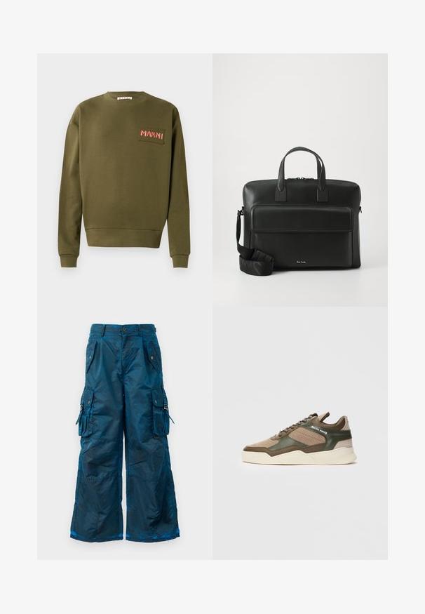 Oliegroene sweatshirt van katoen, met een ronde hals, geribbelde manchetten en een geborduurd label met "MARNI" in het rood.; Cargo pants in een donker teal kleur, gemaakt van een gestructureerde stof, met grote zijzakken, knoopdetails en een wijd uitlopende pasvorm.; Beige en groene lage sneaker met geperforeerde zijkanten, witte zool, vetersluiting aan de voorkant en "FILLING PIECES" branding op het zijpaneel.; Zwarte leren aktetas met dubbele handgrepen aan de bovenkant, een voorvak en een afneembare schouderriem, met subtiele branding aan de onderkant.
