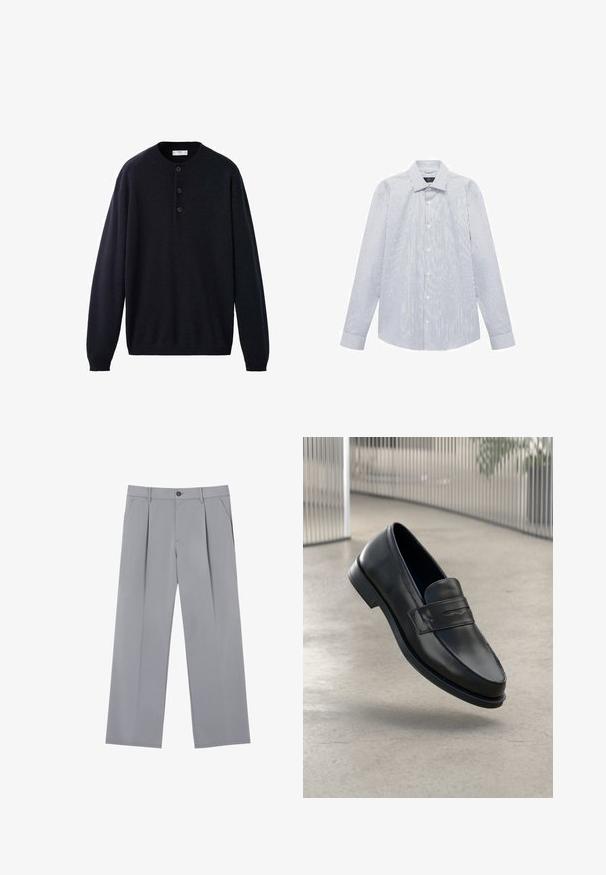 Pulover navy blue, cu mânecă lungă și guler rotund, având un sistem de nasturi și manșete și tiv cu nervuri, fabricat dintr-un material moale, texturat.; Cămașă albă cu mânecă lungă, cu dungi verticale subțiri negre, cu nasturi în față și guler clasic.; Pantaloni gri plisati, cu o croială lejeră, realizați dintr-un material ușor. Au buzunare frontale și un închidere cu nasture la talie.; Mocasini negri din piele cu textură fină, vârf ascuțit și o curea decorativă peste laba piciorului. Talpă ușoară, design minimalist.