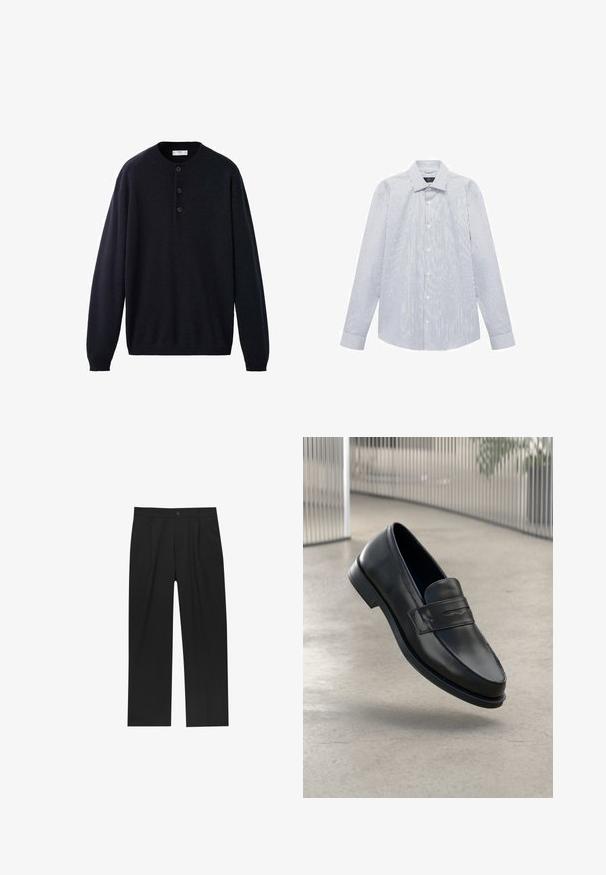 Pulover navy blue, cu mânecă lungă și guler rotund, având un sistem de nasturi și manșete și tiv cu nervuri, fabricat dintr-un material moale, texturat.; Cămașă albă cu mânecă lungă, cu dungi verticale subțiri negre, cu nasturi în față și guler clasic.; Pantaloni negri cu un design drept, fabricați dintr-un material neted. Au plisse în față și un sistem de închidere cu un singur buton la talie.; Mocasini negri din piele cu textură fină, vârf ascuțit și o curea decorativă peste laba piciorului. Talpă ușoară, design minimalist.