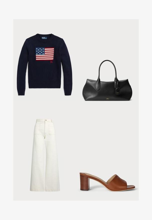 Tamsiai mėlynas megztinis su austo Amerikos vėliavos dizainu ant krūtinės, su raukšlėtomis rankogaliais ir apačia. Prekės etiketė ant kaklo.; Plati kojinės džinsai of white denimo. Aukštas liemuo, su mygtuko uždarymu, dviem priekinėmis kišenėmis ir kontrastingai siuvinėjimu.; Rudos odinės mules su kulnais, plačia atvira nosimi, lenkta viršuje ir stačiakampiu cilindriniu kulnu su horizontaliomis linijomis.; Juodas odinis rankinukas su lygiu paviršiumi, apvalia forma, dviem rankenėlėmis ir mažąja etikete. Niūrus prekės ženklas auksu ant priekio.