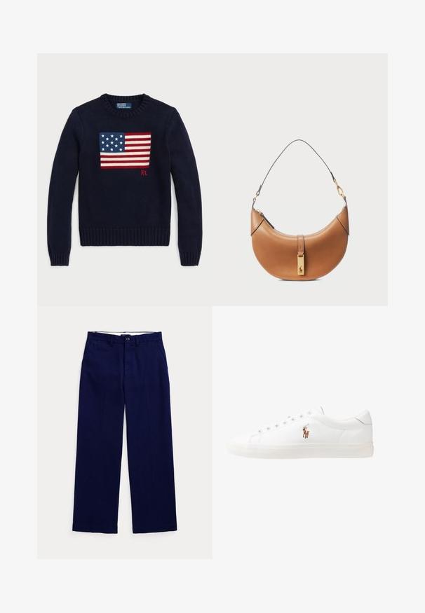 Námornícky pletený svetr s tkaným designem americké vlajky na hrudi, s žebrovanými manžetami a lemem. Značková etiketa na výstřihu.; Námořnické modré kalhoty rovného střihu s poutky na opasek, zapínáním na knoflík a bočními kapsami na čistém světlém pozadí.; Bílé kožené tenisky, nízký střih, s hladkým povrchem, kulatou špičkou, šněrováním v přední části a malým vyšitým logem na boku.; Hnědá kožená kabelka s zakřiveným tvarem, zlatými detaily a tenkým ramenním popruhem. Obsahuje zipové uzavření a logo na přední straně.