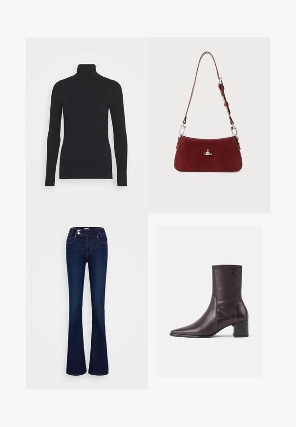 Must mustriba kaelusega sviiter, millel on pikad varrukad ja keha lähedal istuv siluett. Tekstuur on sile horisontaalse riba mustriga.; Tumedad sinised laiad teksapüksid, millel on kõrge talje, kaks eesmist taskut ja kaks nööbikinnitust. Valmistatud siledast denimist.; Burgundia värvi pahkluusaapad, mis on valmistatud siledast nahast, terava varbaga ja ploki kontsaga. Varre välimus on slaaveline ja sobib hästi, ulatudes keskmise säärteni.; Punane sule nahast õlakott, millel on kaarjas kuju. Omab hõbedast detaili ja reguleeritavat rihma koos riistade kaunistustega. Sile tekstuur.