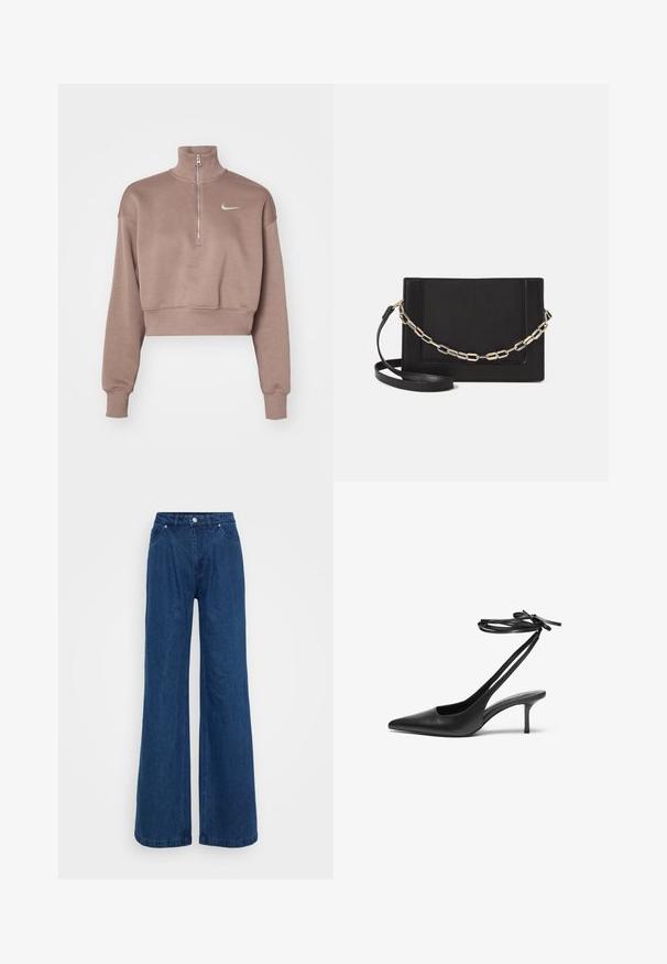 Skrajšan, svetlo rjav pulover z visokim ovratnikom, srebrnim zadrgo in majhnim belim Nike logotipom na levem prsnem delu. Mehka tekstura, sproščen kroj.; Široke modre jeans hlače z visokim pasom, sprednjim gumbom in zadrgo ter sprednjimi in zadnjimi žepi na enobarvni podlagi.; Črne usnjene stiletto čevlje z ostrim nosom, odprtim hrbtom in zankami za gleženj, vezanimi v pentljo. Tanek 3-palčni pet. Gladka textura, minimalistična zasnova.; Črna usnjena torba čez ramo z gladko teksturo, pravokotno obliko in kovinskim verižnim detajlom spredaj. Vključena je nastavljiva naramnica.; Srebrn dvojni prstan z gladko, polirano površino. Ima tekoč, ukrivljen dizajn z prekrivajočimi se sekcijami za sodoben videz.