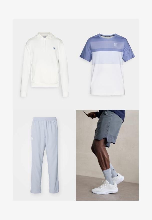 Sweatshirt branco de lã com cordão e bolso frontal. Apresenta um pequeno logótipo azul da FILA no peito. Textura suave, design casual.; Camisola atlética de manga curta em azul e branco com um design em degradê, apresentando um decote redondo e tecido texturizado. Logótipo NikeCourt no peito.; Calças de desporto azul claro com uma cintura elástica, bolsos laterais e fechos nos tornozelos. Apresenta um logo branco na coxa esquerda.; Ténis desportivos brancos com parte superior em malha texturizada, acompanhados por meias caneleadas azul claro com um logótipo. Calções desportivos cinza com acabamento perfurado.