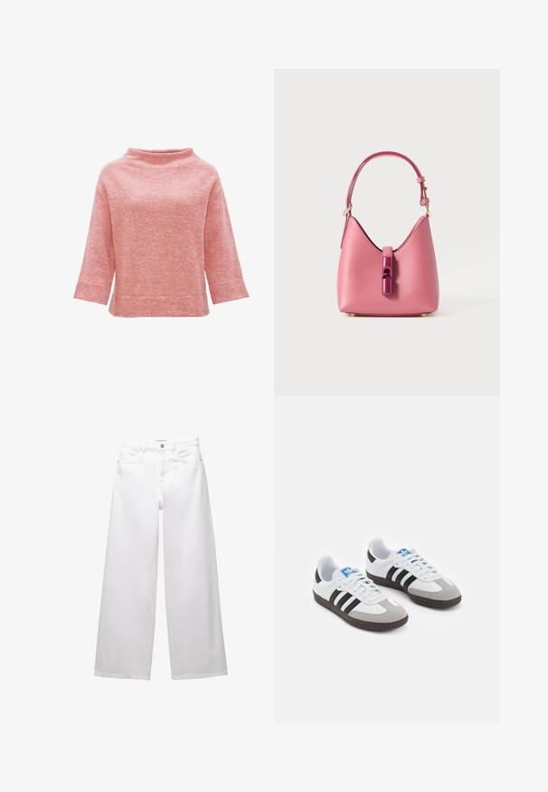 Lässiger, cropped Pullover aus strukturiertem rot-weißen Strick, mit weitem Ausschnitt und Dreiviertelärmeln. Weicher Stoff, simples Design.; Weiße weit geschnittene Jeans aus Denim. Mit Knopfverschluss, Vorder- und Gesäßtaschen sowie gesteppten Nähten. Glatte Textur mit minimalen Details.; Sportschuhe mit einem Obermaterial aus weißem Leder, grauer Wildleder-Zehenkappe und drei schwarzen Streifen. Sie verfügen über ein blaues Logo auf der Zunge und eine strukturierte Gummisohle.; Rosa Lederhandtasche mit strukturiertem Design, ausgestattet mit einem glänzenden Verschluss und einem einstellbaren Gurt. Texturierte Oberfläche mit goldfarbenen Beschlägen.