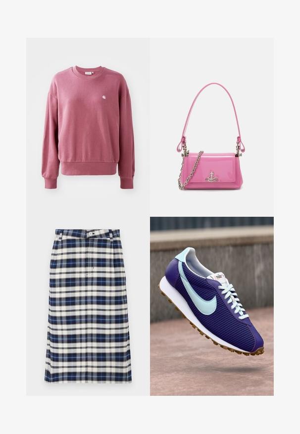 Roosa dressipluus pehmest kangast, ringikujulise kaelusega, pikkade varrukatega ja soonikupidemeid omav. Rinnal on väike logo.; Mereõngus seelik tumesinises, valges ja hallis. Omab sirget siluetti,nööbiklappi ning peent tekstuuri ruudustikuga.; Lilla Nike ketsju, millel on helesinine Swoosh, valged paelad ja kummi tallad, näidatud betoonpinna kohal õues hõljuvana.; Roosa sädelev nahast käekott ristkülikukujulise disainiga, eemaldatava ahelkandega ning hõbedaste detailidega esifailil.