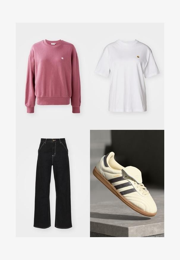 Roze sweatshirt van zacht materiaal, met een ronde halslijn, lange mouwen en geribbelde boorden. Een klein logo is op de borst geplaatst.; Witte katoenen t-shirt met een relaxte pasvorm, korte mouwen en een klein geborduurd logo op de linkerborst.; Zwarte wijde jeans van denim, met contrasterende witte stiksels en een sluiting met knoop aan de voorkant, voorzien van twee schuin geplaatste zakken aan de voorkant.; Crème leren sneaker met drie donkere strepen, een bruine gumrubberen zool en een ronde neus. Voorzien van een opvouwbare tong met het label "SAMBA."