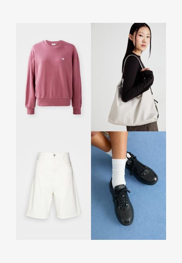 Różowa bluza wykonana z miękkiego materiału, z okrągłym dekoltem, długimi rękawami i ściągaczami. Na klatce piersiowej znajduje się małe logo.; Białe szorty dżinsowe z wysokim stanem, z zapięciem na guzik z przodu, dwiema bocznymi kieszeniami i luźnym krojem. Gładka tekstura bez widocznych wzorów.; Czarne sneakersy Nike mają fakturowaną cholewkę, błyszczące akcenty i okrągłe sznurowadła. Są zestawione z białymi skarpetami o żebrowanej strukturze na jasnoniebieskiej powierzchni.; Beżowa torebka wykonana z miękkiego materiału, charakteryzująca się luźnym fasonem, wyszywanymi detalami i dwoma uchwytami na ramię. Idealna na co dzień.