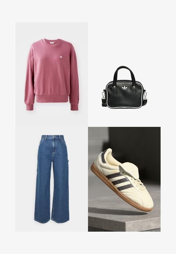Felpa rosa realizzata in tessuto morbido, con scollatura rotonda, maniche lunghe e polsini a costine. Un piccolo logo è posizionato sul petto.; Pantaloni in denim blu a gamba larga con vita alta, cuciture a contrasto e tasche laterali, caratterizzati da un classico design a cinque tasche e orli grezzi.; Sneaker in pelle crema con tre strisce scure, suola in gomma marrone e punta arrotondata. Presenta una linguetta pieghevole etichettata "SAMBA".; Borsa a mano in pelle nera con due manici corti, hardware argentato, dettagli bianchi e un logo bianco. Presenta una superficie strutturata e un design compatto.