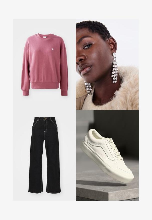 Pink sweatshirt made of soft fabric, featuring a round neckline, long sleeves, and ribbed cuffs. A small logo is positioned on the chest.; Black wide-leg jeans made of denim, featuring contrasting white stitching and a front button closure, with two angled front pockets.; White sneaker with a textured finish, featuring a padded collar, lace-up design, and small decorative studs along the side near the sole.; Silver drop earrings with multiple clear rhinestones, featuring a cascading design and textured surfaces, set against a neutral background.