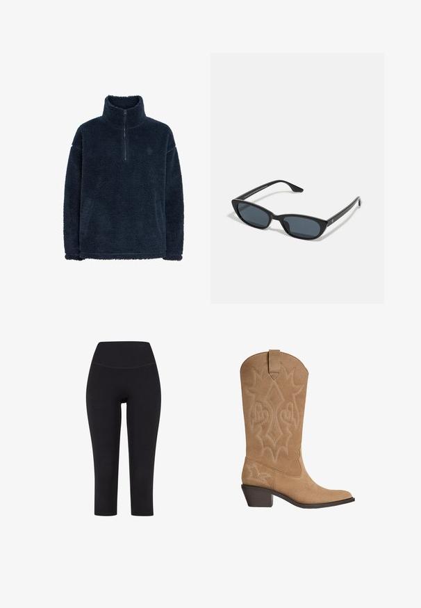 Pullover in pile blu navy con colletto alto e zip a un quarto. Presenta una superficie strutturata e morbida e una vestibilità ampia. Design semplice, senza decorazioni.; Leggings neri a tre quarti realizzati in tessuto elasticizzato, con una vita alta e senza motivi o hardware visibili.; Stivale da cowboy in suede color beige con ricami decorativi, tacco medio impilato e linguetta sulla gamba.; Occhiali da sole cat-eye neri con lenti scure, montatura in plastica, stanghette sottili e una leggera marca sulla parte interna del braccio. Finitura opaca.
