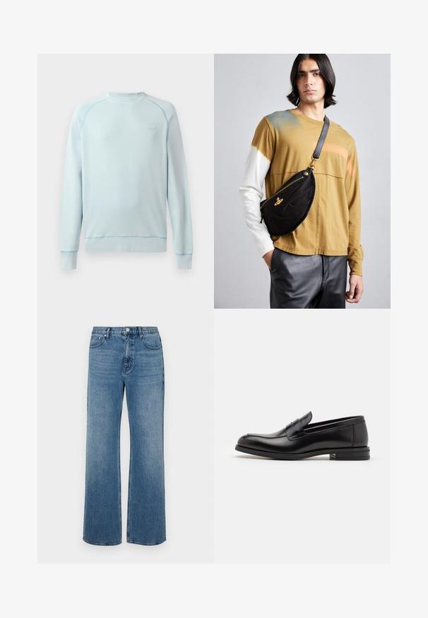 Gaiši zila džemperis ar apaļu kaklu, ribotām piedurknēm un apakšmalu. Iezīmēts ar smalku šuvumu un nelielu logotipu uz krūšu daļas. Mīksta auduma tekstūra.; Platās kājas zilo džinsu bikses izgatavotas no zila auduma ar izbalējušu apdari. Tām ir piecas kabatas, priekšējais pogu aizdare un taisna piegriezuma forma.; Melnas ādas kurpes ar gludu tekstūru, noapaļu purngalu un dekoratīvu siksniņu pāri priekšpusei. Zems sakrauts papēdis, minimālisma dizains.; Vivienne Westwood CITY BUMBAG UNISEX - Jostas soma - black