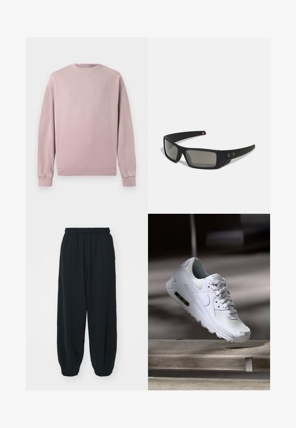 Sudadera de color rosa claro con cuello redondo clásico, puños y dobladillo de canalé. Fabricada en un material suave y texturizado. Diseño simple sin patrones.; Pantalones de chándal negros con cintura elástica, de corte holgado, con puños en los tobillos, textura suave y sin patrones visibles ni acentos metálicos.; Zapatilla Nike Air Max 90 blanca con parte superior de malla y cuero, caja de puntera perforada y unidad de aire visible en el talón.; Gafas de sol negras con acabado mate, lentes rectangulares, ligera curvatura en las patillas, sutil detalle del logo y lentes ahumados.