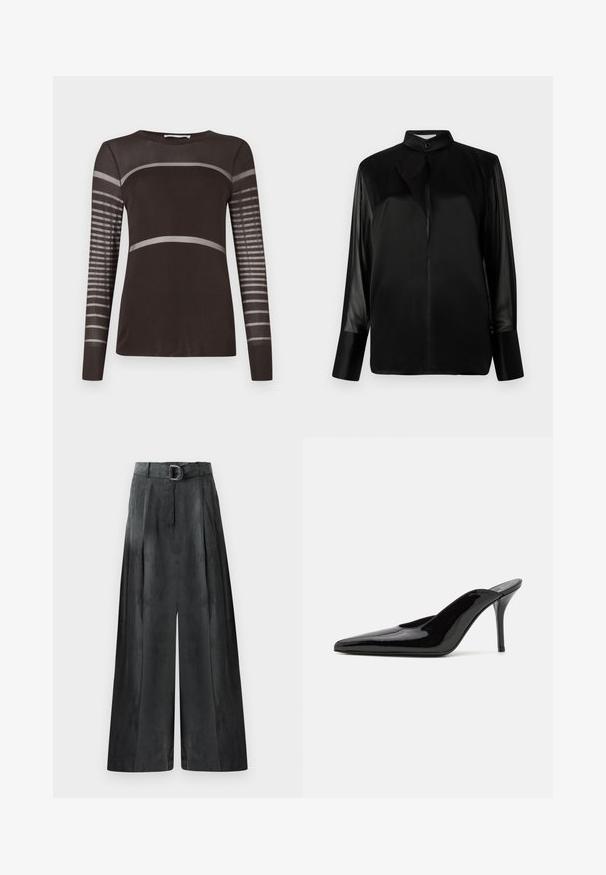 Donkerbruine top met lange mouwen en een gladde textuur. Heeft lichtgrijze horizontale strepen over de borst en een gestreepte baan op de mouwen.; Zwarte blouse met een opstaande kraag, lange doorschijnende mouwen, strikdetail bij de hals, gemaakt van gladde satijnen stof, sluiting met knopen aan de voorkant.; Wijde broek in donkergrijs, met een gladde textuur, plooien en een riem met een zilveren gesp op de hoge taille.; Zwarte gepatineerde leren hoge hak muiltjes met een spitse neus en een slanke silhouet, met een open achterkant en een slanke stilettohak.