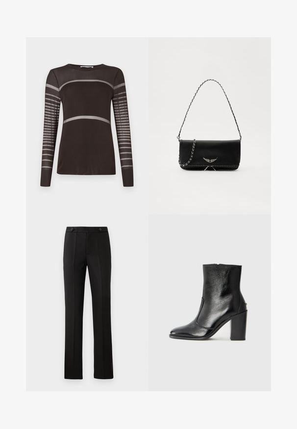 Donkerbruine top met lange mouwen en een gladde textuur. Heeft lichtgrijze horizontale strepen over de borst en een gestreepte baan op de mouwen.; Zwarte op maat gemaakte broek met een rechte pijp, twee voorzakken, een knoopsluiting en plooien aan de voorkant. Glad textuur van de stof.; Zwarte leren enkelboot met een gladde textuur, spitse neus en een gedurfde hoge hak. Beschikt over een zijopening en een minimalistisch ontwerp.; Zwarte leren handtas met een zilveren kettingband, voorzien van decoratieve vleugelaccenten en witte stiksels langs de onderste naad.