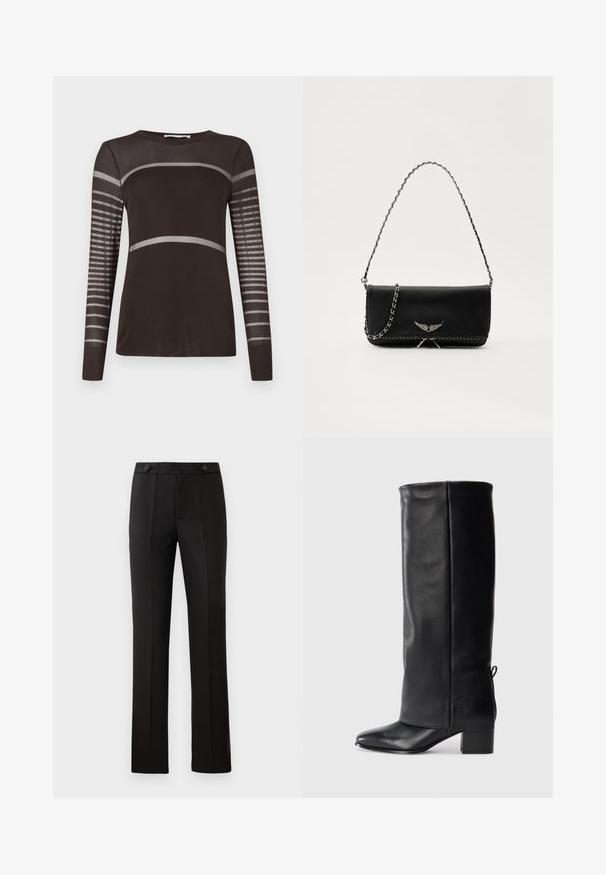 Długi rękaw bluzka w ciemnym brązie o gładkiej fakturze. Posiada jasnoszare poziome paski na klatce piersiowej oraz paskowane wstawki na rękawach.; Czarne spodnie o dopasowanym kroju z prostymi nogawkami, dwoma przednimi kieszeniami, zapięciem na guzik oraz detalami w postaci plis na przodzie. Gładka tekstura materiału.; Czarne skórzane botki za kolano z gładkim wykończeniem, kwadratowym noskiem, słupkowym obcasem oraz szczegółami w postaci bocznego wiązania umożliwiającego regulację dopasowania.; Czarna skórzana torebka z srebrnym łańcuszkiem, ozdobiona dekoracyjnymi skrzydłami i białym przeszyciem wzdłuż dolnego szwu.