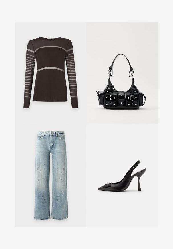 Maglia a maniche lunghe di colore marrone scuro con una consistenza liscia. Presenta strisce orizzontali grigie chiare sul petto e un pannello a strisce sulle maniche.; Jeans larghi di denim di colore azzurro chiaro, con un effetto sfumato e decorazioni di strass argentati disposti in un motivo verticale.; Scarpa a slingback nera in pelle con punta affilata, tacco alto e sottile, e un accentuato adorabile fiocco decorativo. Texture liscia e design elegante.; Borsa a mano in pelle nera con design curvo, caratterizzata da borchie argentate, una fibbia e due tasche laterali. Tracolla regolabile per diverse opzioni di trasporto.