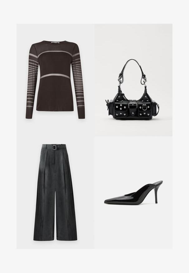 Maglia a maniche lunghe di colore marrone scuro con una consistenza liscia. Presenta strisce orizzontali grigie chiare sul petto e un pannello a strisce sulle maniche.; Pantaloni a gamba larga di un grigio scuro, con una texture liscia, pince e una cintura con una fibbia argentata in vita alta.; Mule in pelle patinata nera con tacco alto, punta affilata e silhouette elegante, dotato di apertura sul dietro e tacco a stiletto sottile.; Borsa a mano in pelle nera con design curvo, caratterizzata da borchie argentate, una fibbia e due tasche laterali. Tracolla regolabile per diverse opzioni di trasporto.