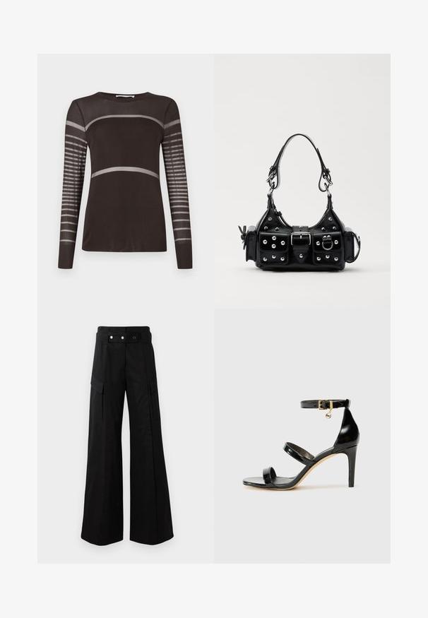 T shirt à manches longues de couleur marron foncé avec une texture lisse. Présente des rayures horizontales gris clair sur la poitrine et un panneau rayé sur les manches.; Pantalons larges noirs avec une taille haute, dotés de grandes poches latérales, de deux boutons à l'avant et d'un détail en boucle. Fabriqués en tissu résistant.; Sandale en cuir verni noir avec trois brides, boucle de cheville et talon aiguille de 10 cm. Présente un détail en métal doré et un charm logo.; Sac à main en cuir noir au design courbé, avec des clous en argent, une boucle et deux poches latérales. Bandoulière réglable pour différentes options de transport.