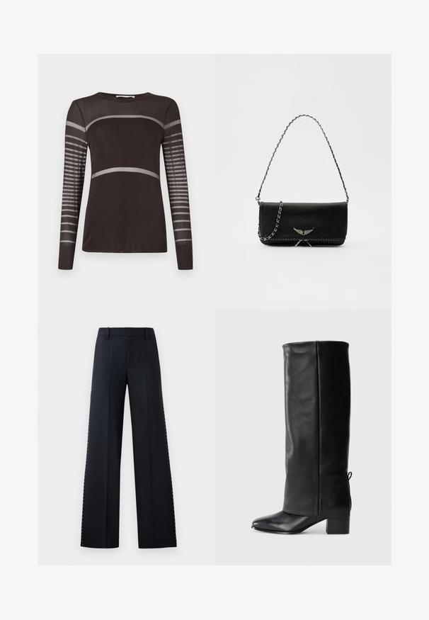 Donkerbruine top met lange mouwen en een gladde textuur. Heeft lichtgrijze horizontale strepen over de borst en een gestreepte baan op de mouwen.; Zwarte wijde broek. Mooie pasvorm met een gladde textuur. Kenmerkt zich door een rij metalen studs langs de zijnaad voor extra detail.; Zwarte leren kniehoogte laarzen met een gladde afwerking, vierkante neus, blokhak en zijstrikdetail voor een verstelbare pasvorm.; Zwarte leren handtas met een zilveren kettingband, voorzien van decoratieve vleugelaccenten en witte stiksels langs de onderste naad.