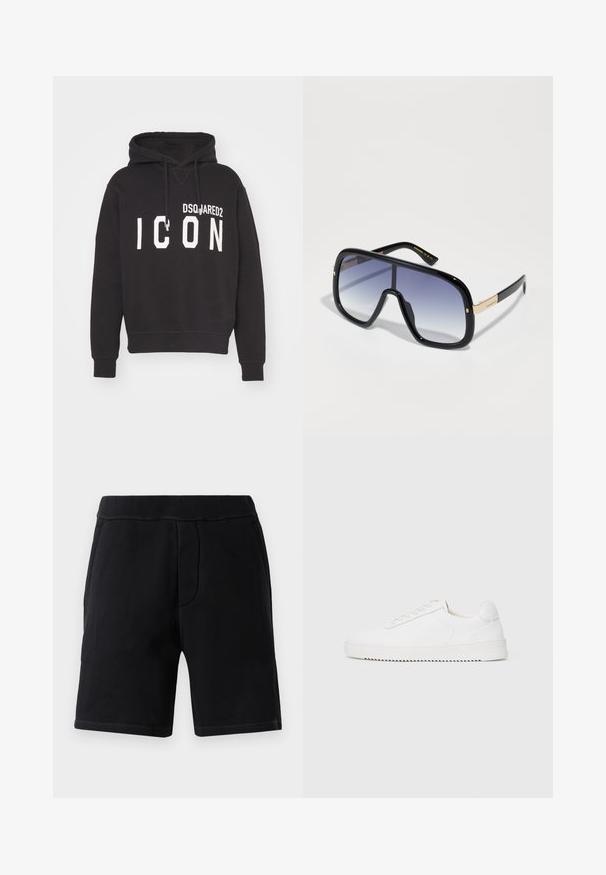 Sudadera negra de algodón, con un bolsillo tipo canguro, capucha con cordón y un llamativo texto en blanco "ICON" con el nombre de la marca "DSQUARED2".; Shorts deportivos negros hechos de material suave; cuentan con una cinturilla elástica, dos bolsillos laterales y costuras en contraste.; Zapatilla blanca con parte superior de cuero suave, puntera redondeada, cordones, acentos laterales texturizados y suela de goma gruesa. Diseño minimalista.; Gafas de sol negras de gran tamaño con lentes púrpuras degradados, acabado brillante y detalles dorados en las patillas. Forma de marco rectangular.