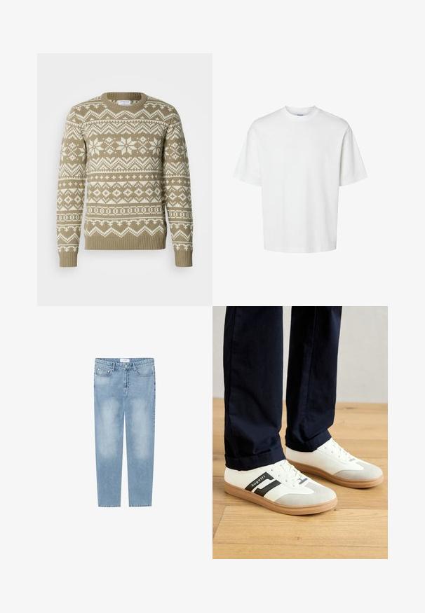 Pleteni pulover u pješčano bež boji s bijelim geometrijskim i cvjetnim uzorcima. Ima okrugli izrez i rebraste manžete i rub.; Bijela pamučna majica kratkih rukava, s okruglim izrezom i opuštenim krojem. Glatka tekstura bez vidljivih uzoraka ili ukrasa.; Svijetloplave ravne traperice izrađene od denima. Imaju dizajn s pet džepova, izblijedjele dijelove i etiketu na pojasu. Bez ukrasa.; Bijele i sive tenisice s crnim prugama, izrađene od kože, s gumenim potplatom i ravnim vezicama. Nosit se s tamnoplavim hlačama na drvenom podu.