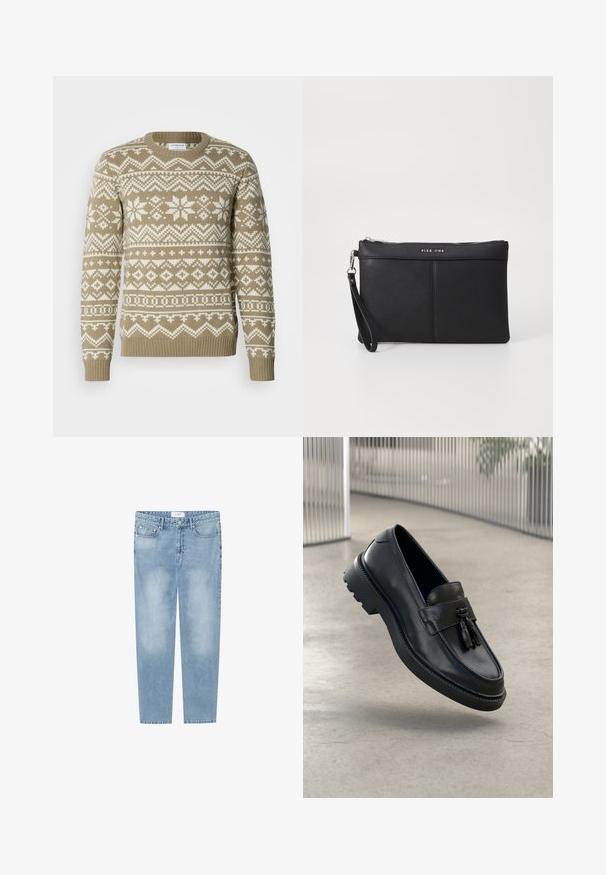 Maglione lavorato a maglia in beige sabbia con motivi geometrici e floreali bianchi. Presenta un collo rotondo e polsini e orlo a coste.; Jeans dritti azzurri chiaro realizzati in denim. Presentano un design a cinque tasche, aree sbiadite e un'etichetta in vita. Senza decorazioni.; Mocassini in pelle nera con finitura liscia, nappe decorative, suola spessa in gomma e dettagli cuciti. Design leggero ed elegante.; Clutch sintetico nero con chiusura a zip, cinturino da polso e una texture liscia. Presenta cuciture sottili e un logo impresso sul davanti.