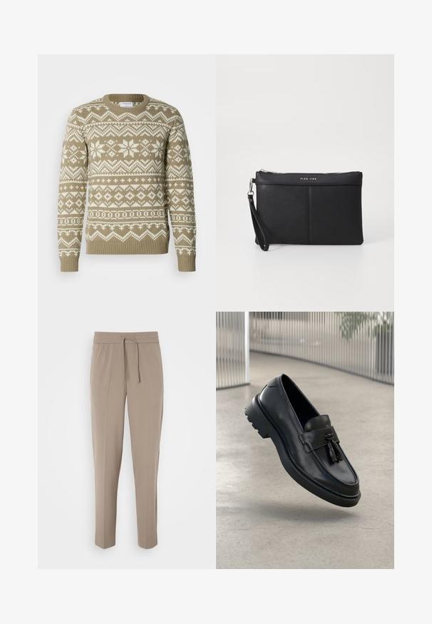 Strickpullover in sandbeige mit weißen geometrischen und floralen Mustern. Verfügt über einen runden Halsausschnitt sowie gerippte Bündchen und Saum.; Helle beigefarbene Hose mit elastischem Bund, verstellbarem Kordelzug und schmal zulaufenden Beinen. Der Stoff wirkt glatt mit einem leichten Glanz.; Schwarze Leder-Loafer mit glatter Oberfläche, dekorativem Quasten, dicker Gummisohle und abgesteppten Akzenten. Leichtes und schlankes Design.; Schwarze synthetische Clutch mit Reißverschluss, Handgelenkschlaufe und glatter Textur. Verfügt über dezente Nähte und ein geprägt auf der Vorderseite angebrachtes Logo.