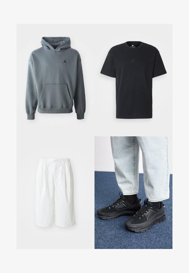 Hanorac gri din material moale, cu buzunar tip kangur și manșete ribbate. Logo-ul Jumpman brodat, de culoare neagră, pe pieptul stâng.; Tricou din bumbac negru Nike, cu guler rotund clasic, mâneci scurte și un logo subtil embosat pe piept. Textură netedă.; Shorts albe cu talie elastică și șnur de ajustare, prezentate pe un fundal simplu de culoare deschisă. Potrivite pentru îmbrăcăminte casuală sau pentru vreme caldă.; Pantofi sport negri, cu țesătură texturată și tălpi din cauciuc, având șireturi elastice și un accent albastru pe toc. Purtați cu pantaloni din denim deschis.