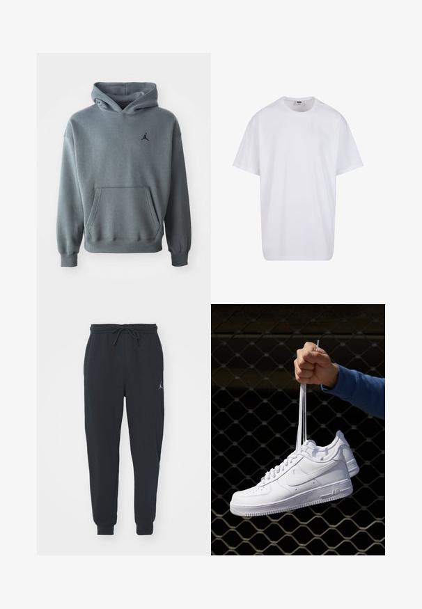 Hallux hallux pehmeast kangaskangast, millel on känguru taskud ja soonilised käised. Vasakul rinnal must tikitud Jumpman logo.; Valge puuvillane t-särk lühikeste varrukatega, ümmarguse kaelusega, lõdva lõikega ja ilma nähtavate logodeta või mustriteta. Sile tekstuur ja minimaalne disain.; Mustad mustadelsid, mis on valmistatud pehmest kangast, kummiga vöökoha ja nööriga, ribakätked ning väike logo vasakul reiel.; Valged nahast tennisetossud, millel on perforatsioonid, ümar nina, lame tallus ja paksud nöörid, nähtava swooshi logoga ja "AIR" kontsadel.