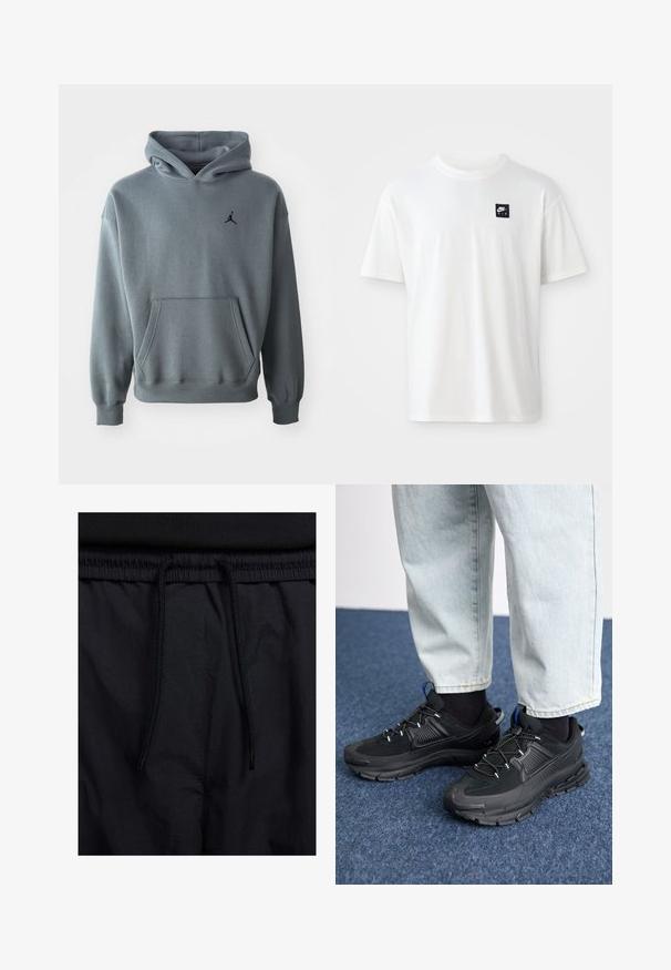 Šedá mikina s kapucňou z mäkkej látky, so klokankovým vreckom a rebrovanými manžetami. Čierna vyšívaná značka Jumpman na ľavej hrudi.; Biela bavlnená tričko s krátkymi rukávmi a okrúhlym výstrihom; na ľavej strane hrudi má malé čierne obdĺžnikové logo Nike Air.; Čierne šortky s pásom na stiahnutie, z ľahkej látky s hladkou textúrou a jednoduchým dizajnom bez viditeľných log alebo vzorov.; Čierne športové topánky s textúrovanou tkaninou a gumovou podrážkou, so elastickými šnúrkami a modrým akcentom na päte. Nosia sa s svetlými riflami.