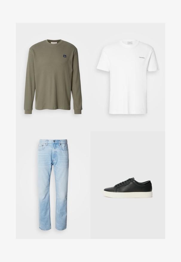 Camisola de manga longa verde-oliva com nervuras, com decote redondo e um emblema azul-marinho no lado esquerdo do peito. O tecido parece suave e texturizado.; Camiseta de algodão branca com mangas curtas e decote redondo. Apresenta um pequeno logótipo preto "Calvin Klein" no lado esquerdo do peito.; Jeans de ganga azul clara com corte reto, apresentando seções desbotadas, design de cinco bolsos e um fecho clássico com botão.; Sneakers de couro preto com textura perfurada, bico redondo e sola de borracha branca plana. Apresenta atacadores pretos e um logótipo discreto na lateral.