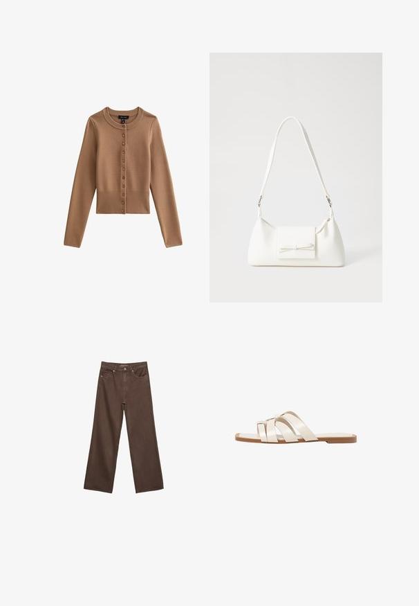 Przycięty kardigan z długim rękawem w jasnobrązowym kolorze, z okrągłym dekoltem i siedmioma guzikami z przodu. Ribbowane wykończenie.; Szerokie brązowe dżinsy wykonane z denimu, z wysokim stanem, przednimi kieszeniami i klasycznym zapięciem na guzik. Gładka faktura z subtelnym przeszyciem.; Płaskie sandały z brązową gumową podeszwą, zaprojektowane z trzema nakładającymi się na siebie białymi skórzanymi paskami i małym detalem w postaci kokardy na środku.; Biała syntetyczna torba o trójkątnym kształcie, płaskim przednim klapce i detalach w postaci kokardy, regulowanym pasku, gładkiej fakturze oraz minimalistycznym designie.