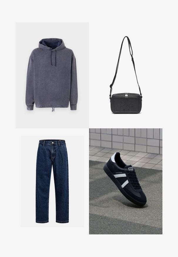 Pulover s kapuco v temno sivi bombažni tkanini, z nastavljivim vrvico in rebrastimi manšetami, ki se ponaša z teksturirano, mehko površino.; Temno modri kavbojki iz denima s pravim krojem. Imajo vidno šivanje, zapenjanje na gumb in sprednje plitke za dodaten detajl.; Črne usnjene superge z belimi črtami, teksturiran gumijast podplat in zavezovanje spredaj. Imajo označeno oznako na ježku.; Črna usnjena torbica čez ramo z zadrgo, embosirano logotipom spredaj in nastavljivim pasom. Gladka površina z pravokotno obliko.