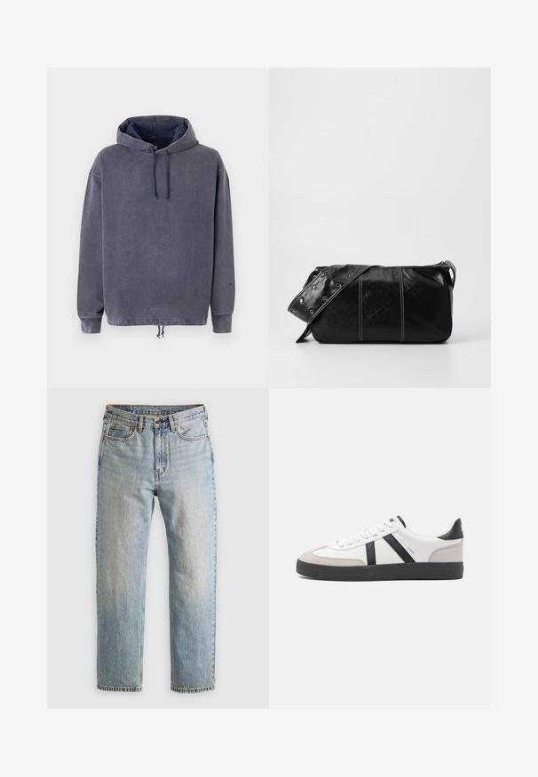 Mikina s kapucí v tmavě šedé barvě z bavlny, s nastavitelnou šňůrkou v kapuci a žebrovanými manžetami, s texturovaným, měkkým povrchem.; Svetle modré džíny z denimu s vysokým pasem, předním knoflíkem, zipem a designem s pěti kapsami, ležící rovně na neutrálním pozadí.; Bílé tenisky s černými a šedými akcenty, opatřené texturovaným šedým prstovým krytem, černou gumovou podrážkou a plochými bílými tkaničkami. Čistý design, minimalistický styl.; Černá kožená kabelka přes rameno se zapínáním na zip, s texturovaným tělem, bílým prošíváním a popruhem se stříbrnými očky.