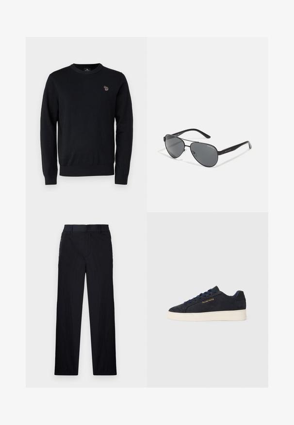 PS Paul Smith CREW NECK - Stickad tröja - black; Svarta byxor med lätt, texturerad tyg, rak benmodell, elastisk midja och sidofickor med dragkedja.; Mörkblå mocka låga sneakers med vit sula, mörkblå snören och "Filling Pieces"-logotyp i guld på sidan.; Svarta pilotglasögon med mörka linser, tunn metallram och smala plasthandtag med logotypdetaljer.