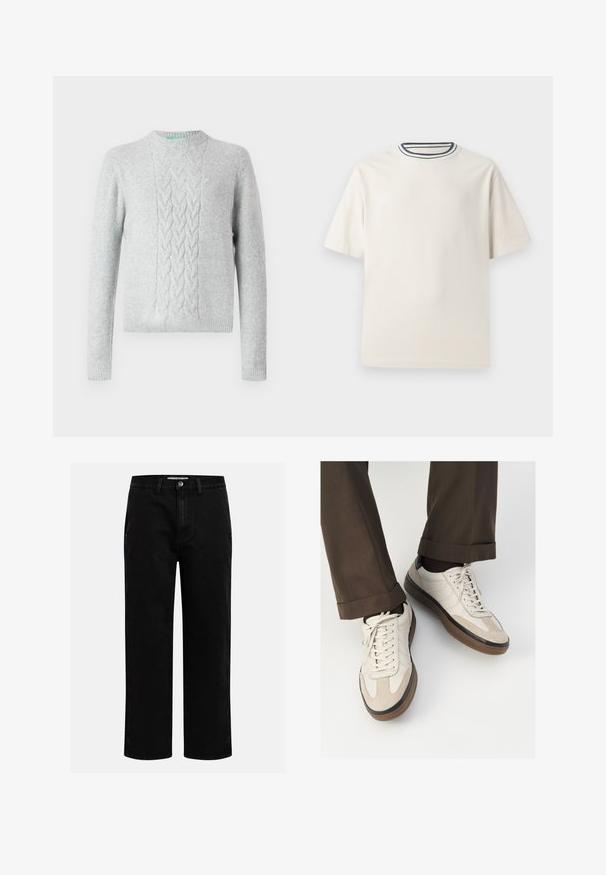 Light gray knitted sweater with cable knit pattern on chest, round neck, long sleeves, and ribbed cuffs and hem. Smooth texture, minimal branding.; Cream-colored cotton t-shirt with short sleeves, featuring a round neckline accented by navy and white stripes. Smooth texture, relaxed fit.; Black denim pants with a straight-leg cut, classic five-pocket design, and a button closure at the waist. Smooth texture and durable fabric.; Beige sneakers with a textured suede front, smooth leather sides, and a brown rubber sole. Laces and light stitching detail included.