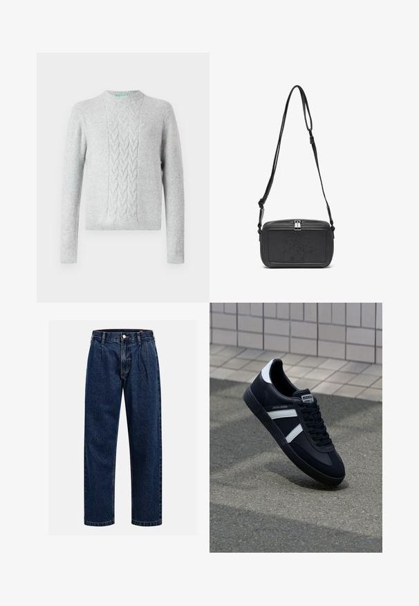 Hele halli kudumisega sviiter, millel on kootud palmikmuster rinnal, ümara kaela ja pikad varrukad, ribilised randmed ja alläär. Sujuv tekstuur, minimaalne brändimine.; Tumed sinine denimiteksad sirge lõikega. Omavad nähtavat tikandit, nuppe sulgemiseks ning ees olevaid voldikesi lisadetailiks.; Must have musta sneaker musta valgete triipudega, tekstuurne kummitald ja nööridega esiosa. Omab bränditud märki keele peal.; Musternast mustriga nahast ristiõlgadega kott, millel on tõmbluku sulgemine, esiküljel on sissepressitud logo ja reguleeritav rihm. Sile tekstuur ja ristkülikukujuline kuju.
