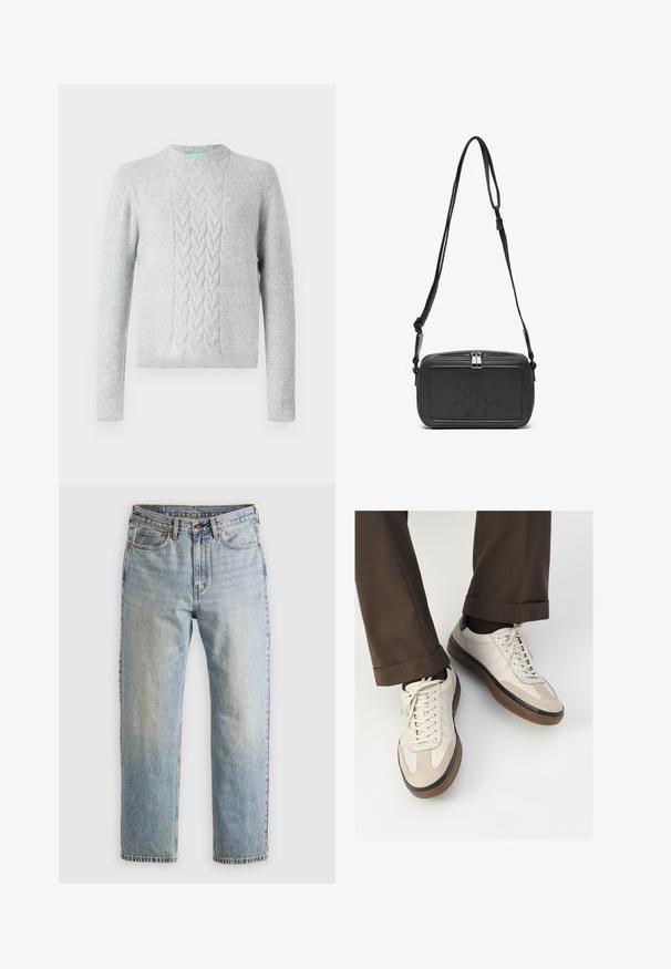 Világosszürke kötött pulóver, mellrészen kábelmintával, kerek nyakkivágással, hosszú ujjakkal, bordás mandzsettákkal és aljjal. Simább textúra, minimális márkajelzés.; Világoskék farmernadrág magas derékkal, elülső gombbal, cipzárral és öt zsebbel, sima háttérre fektetve.; Beige sportcipők, texturált velúr elülső résszel, sima bőr oldalakkal és barna gumitalppal. Fűzők és világos varrási részletek is megtalálhatók.; Fekete bőrből készült keresztbe hordható táska cipzáras záródással, dombornyomott logóval az elején és állítható pánttal. Simább textúrájú, téglalap alakú.