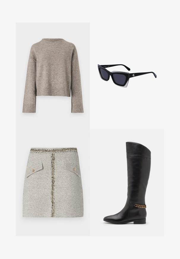 Kergelt pruun lühendatud kampsun pehmest kudumisest, ribastatud kaela- ja varrukate äärtega, lõdva istuvuse ja allalangenud õlgadega.; Kootud tweed seelik valge ja musta kalascrossi mustriga, millel on kaks esimest taskut ja kuldne tõmblukk seljal, mille servad on frantsiisitud.; Kõrged mustad nahast saapad, millel on stiilne disain, terav nina ja kuldne kett aktsent pahkluul. Madal plokk-konts. Sile tekstuur.; Mustad suured mustad prillid geomeetrilise kujuga, tumedate läätsedega ja kontrastse halli detailiga raamidel. Logo käe peal.