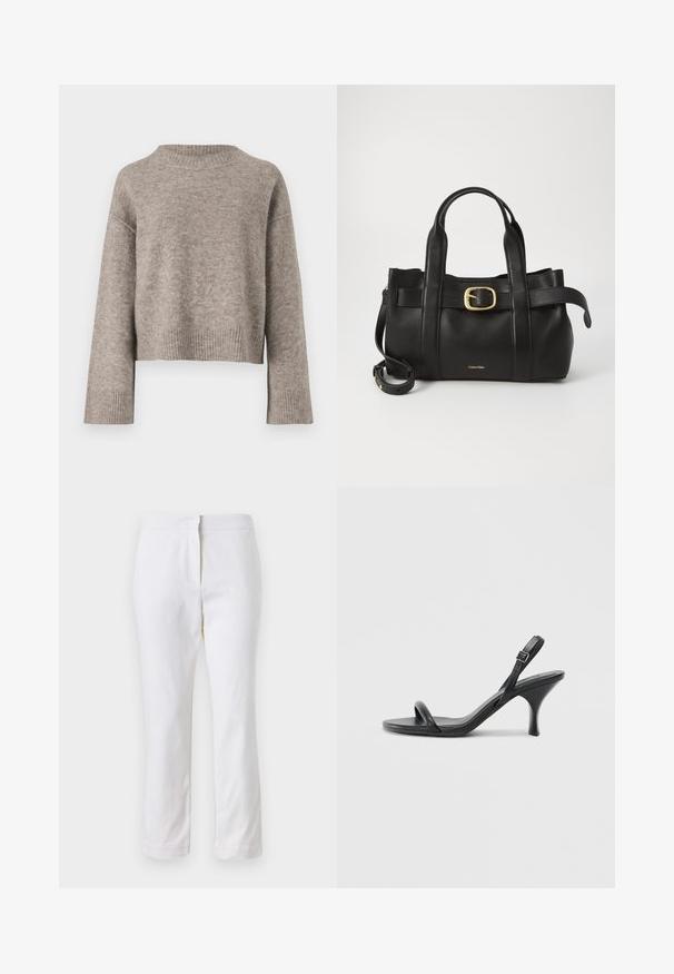 Suéter corto de color marrón claro en suave tejido de punto, con un cuello y puños acanalados, con un ajuste holgado y hombros caídos.; Pantalones de algodón blancos con un diseño de pierna recta, que cuentan con una cintura de media altura y sin herrajes o patrones visibles. Textura suave en todo su recorrido.; Sandalias de tacón alto de cuero negro con un tacón delgado y curvado y un diseño de tiras cruzadas. Correa para el tobillo ajustable. Textura suave.; Bolso de cuero negro con un diseño estructurado, doble mango superior, detalle de hebilla en tono dorado y logo de la marca grabado en la parte frontal.