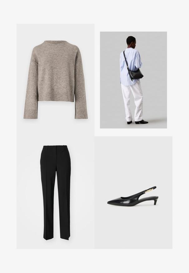 Šviesiai rudas trumpas megztinis, pagamintas iš minkštos medvilnės, su raukšlėtu apykakle ir rankogaliais, laisvu siluetu ir nuleistais pečiais.; Juodi pritaikyti kelnių modeliai su tiesiomis kojomis, pasižyminčios lygiomis tekstūromis ir ryškiomis klostėmis priekyje. Nėra matomų detalių.; Juodas odinis pavasario batelių modelis su smailiu nosiu, turintis siaurą kulniuką ir auksinės spalvos akcentu reguliuojamoje juostoje. Lygi tekstūra.; Juodas odinis petinis krepšys su minkšta tekstūra, trikampiu pavidalu ir reguliuojama juosta, derinamas su šviesiai mėlynu dryžuotu marškinėliu ir baltais džinsais.