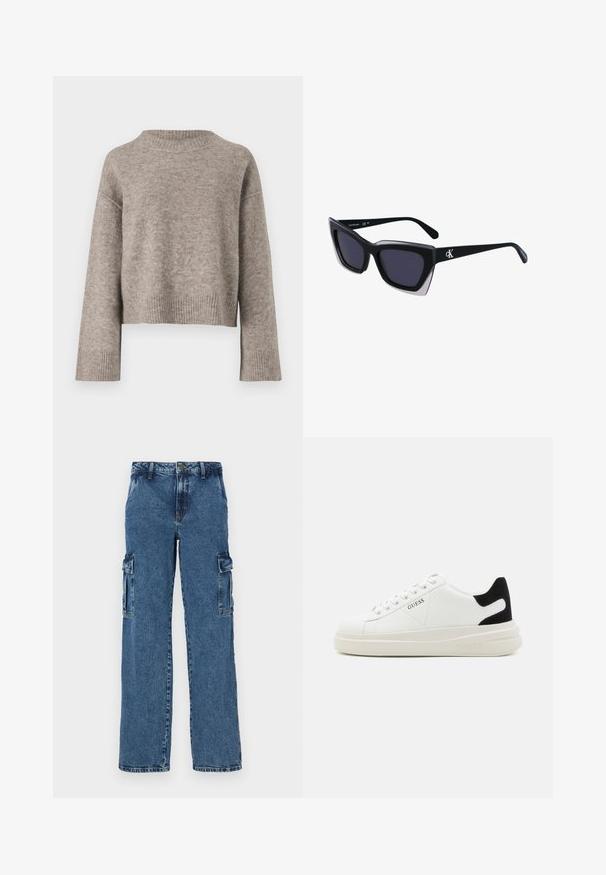 Maglione corto marrone chiaro in morbido tessuto a maglia, con scollatura e polsini a coste, dal taglio rilassato e spalle cadenti.; Pantaloni cargo in denim blu con vestibilità relaxed, dotati di due tasche laterali, cuciture rinforzate e design a gamba dritta.; Sneaker bianchi in pelle con suola spessa bianca, accento in suede nero sul tallone e logo impresso sul lato. Design con lacci e sei fori per i lacci.; Occhiali da sole oversize neri dalla forma geometrica, con lenti scure e un dettaglio grigio a contrasto sulla montatura. Logo sul braccio.