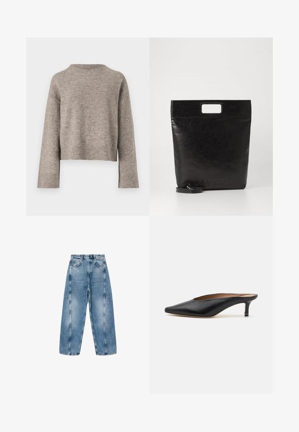 Lichtbruine cropped sweater van zacht breigaren, met een geribbeld decolleté en manchetten, in een relaxte pasvorm en met verlaagde schouders.; Lichtblauwe denim jeans hebben een relaxte pasvorm, grote zakken en contrasterende stiksels. De stof heeft een vervaagde afwerking met een soepele textuur.; Zwarte leren muiltjes met een puntige neus en een lage, blokhak. Glad oppervlak met een gestroomlijnd ontwerp. Open achterkant met minimale details.; Zwarte leren draagtas met een vierkant handvat, met een gestructureerde afwerking en een reliëflogo. Inclusief een afneembare schouderband.