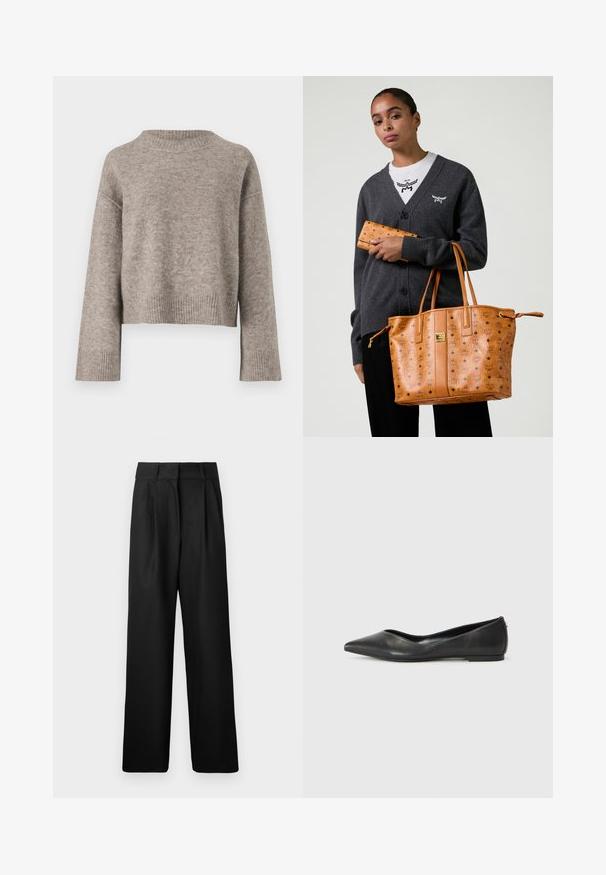 Hellbrauner, kurz geschnittener Pullover aus weichem Strickstoff, mit geripptem Halsausschnitt und Bündchen, locker geschnitten und mit überschnittenen Schultern.; Schwarze weit geschnittene Hose mit glatter Textur, ausgestattet mit Vorderfalten und einem hochgeschnittenen Design. Hergestellt aus einem leichten Stoff.; Schwarze Leder-Ballerinas mit spitzem Zehenbereich, niedrigem Absatz und glatter Textur. Minimalistisches Design mit einem dezenten seitlichen Akzent.; Frau in einem dunkelgrauen Cardigan und weißem Hemd, die eine sandfarbene Leder-Tasche und ein passendes Portemonnaie mit Logo-Druck hält.