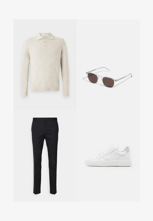 Pull en polo tricoté de couleur beige clair, présentant un motif en losanges, une patte de boutonnage à trois boutons et des bords côtelés.; Pantalon noir ajusté avec une coupe droite, fabriqué en tissu lisse. Comprend des passants de ceinture et un pli au niveau du devant.; Des baskets en cuir blanc avec une finition lisse, un bout rond, des lacets plats et une semelle texturée. Accents en daim gris au niveau du talon.; Lunettes de soleil en plastique transparent avec des verres marron rectangulaires, dotées de branches fines et transparentes ainsi que d'accents en métal sur les tempes.