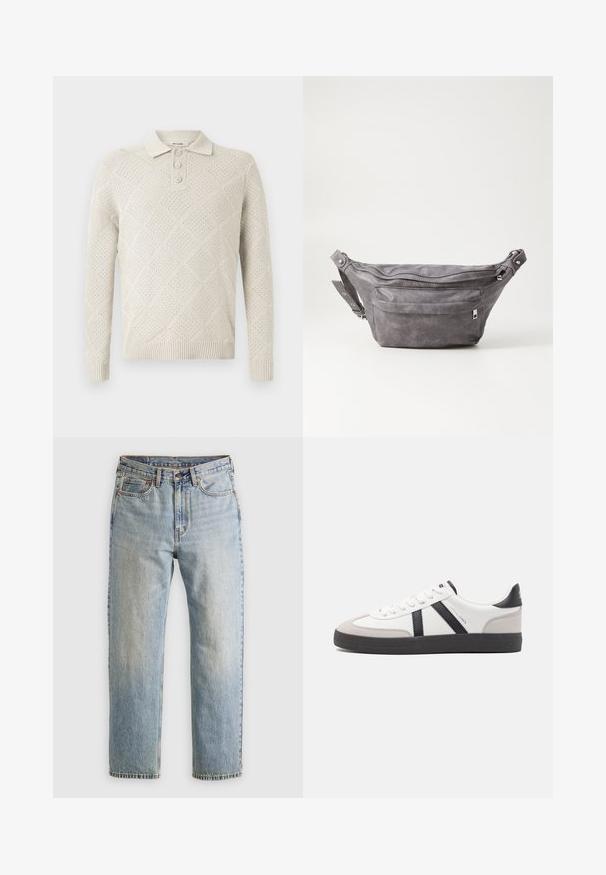 Lys beige strikket polo sweater med diamantmønster, tre-knaps lukning og ribbede manchetter og kant.; Lysblå denim jeans med høj talje, frontknap, lynlås og fem-lomme design, lagt fladt på en neutral baggrund.; Hvide sneakers med sorte og grå detaljer, med en tekstureret grå tåhætte, sort gummisål og flade hvide snørebånd. Rent design, minimalistisk stil.; Grå suedefanny pack med en rund form, to lynlåslommer og justerbart strop. Har metalhardware detaljer.