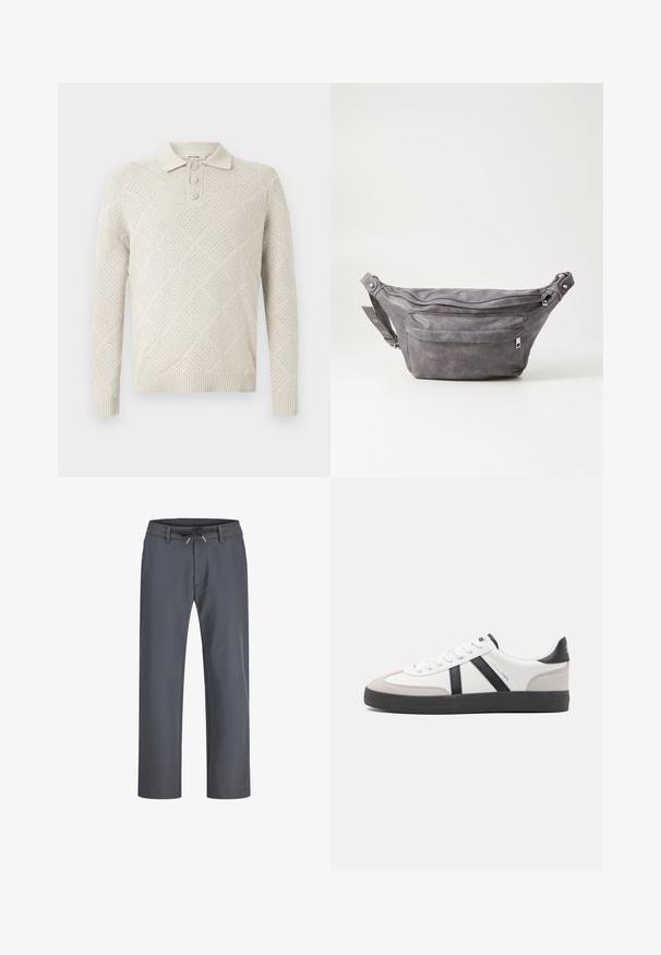 Light beige knitted polo sweater featuring a diamond pattern, three-button placket, and ribbed cuffs and hem.; Gray, elastic waistband pants with a drawstring. Straight leg design, made from smooth fabric, feature minimal stitching and no visible hardware.; White sneaker with black and gray accents, featuring a textured gray toe cap, black rubber sole, and flat white laces. Clean design, minimalist style.; Gray suede fanny pack with a rounded shape, two zippered compartments, and adjustable strap. Features metal hardware accents.