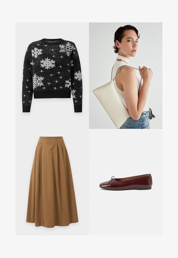 Zwarte trui met witte sneeuwvlok- en sterpatronen, gemaakt van een gestructureerde stof, ronde halslijn en geribbelde zoom en manchetten.; Bruine katoen A-lijn rok met een hoge taille, voorzien van plooien aan de voorkant en een gladde textuur. De zoomafwerking is schoon en eenvoudig.; Bordeaux gepatenteerd lederen ballerina met een ronde neus, een klein strikaccent aan de voorkant en een lage, zwarte rubberen zool. Glad textuur.; Witte rechthoekige clutch tas gemaakt van glanzend materiaal, met een zilveren kettingband. Model poseert en toont de tas tegen een effen achtergrond.