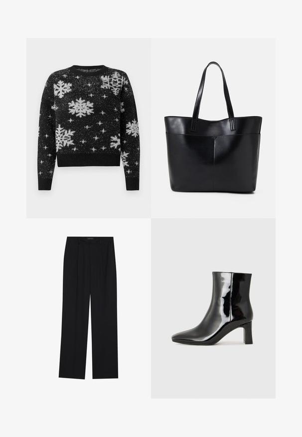 Mustapaita, jossa on valkoisia lumihiutale- ja tähti kuvioita, valmistettu teksturoidusta kankaasta, pyöreä pääntie sekä ribattu helma ja hihansuut.; Mustat housut suoralla lahkeella, joissa on kaksi etutaskua ja vyötärö. Valmistettu sileästä, kevyestä kankaasta.; Musta patenttilakattu nilkkuri, jossa on terävä kärki ja keskipitkä lohkarekorko. Silkkinen pinta ja minimalistinen muotoilu.; Musta nahkainen kassi, jossa on kaksi pitkää kahvaa, sileä pinta ja jämäkkä muoto. Sisältää etutaskun lisävarastointia varten.